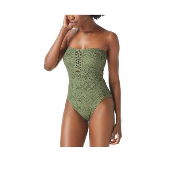 VINCE CAMUTO Crochet Bandeau One-Piece Swimsuit safari green New 8 - Picture 10 of 16